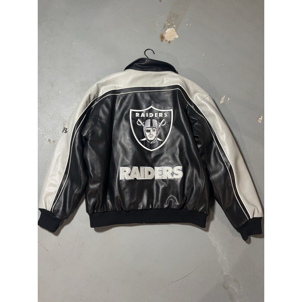 Vintage NFL Raiders Leather Jacket Full Zip BIG Logo Embroidered Mens XL